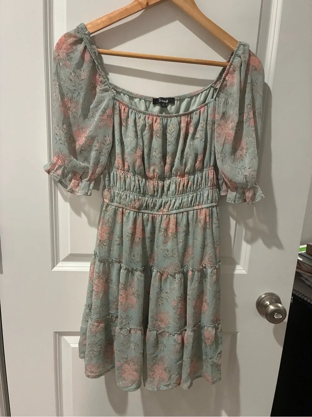 Light Green Floral Maxi Dress with Pink Accents